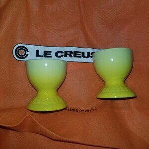 2 Le Creuset Footed Egg Cups Soleil Yellow Egg Holders Stoneware NWT